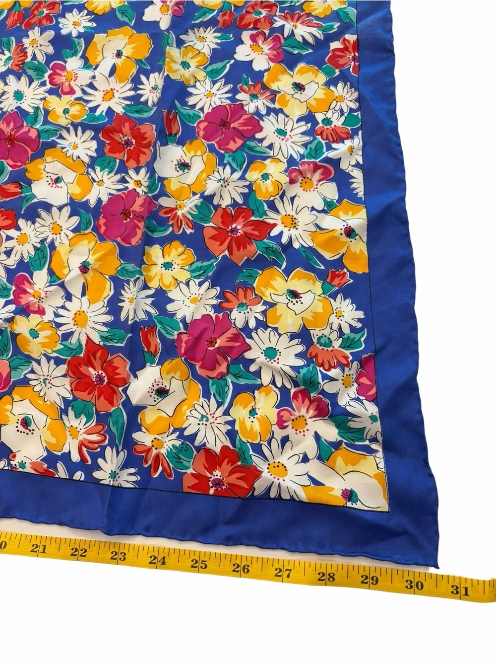Floral Silk Scarf Hand Rolled Edges Colorful Bright 30”x30” Blue Border Cottage